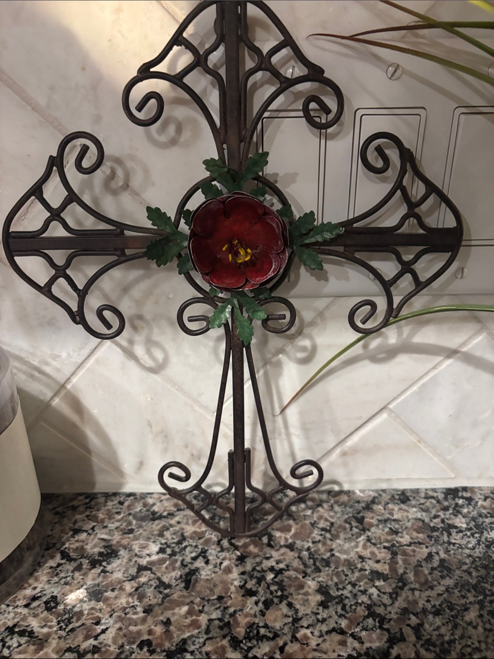 Decorative Metal Wall Cross with Red Flower Accent